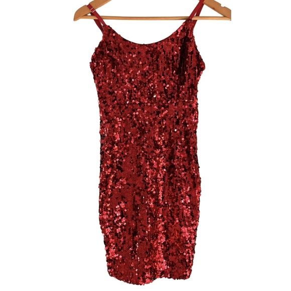 REVAMPED LA NUIT RED SEQUIN SPAKLED BODYCON SHOULDER STRAP DRESS Size XS - Picture 10 of 11
